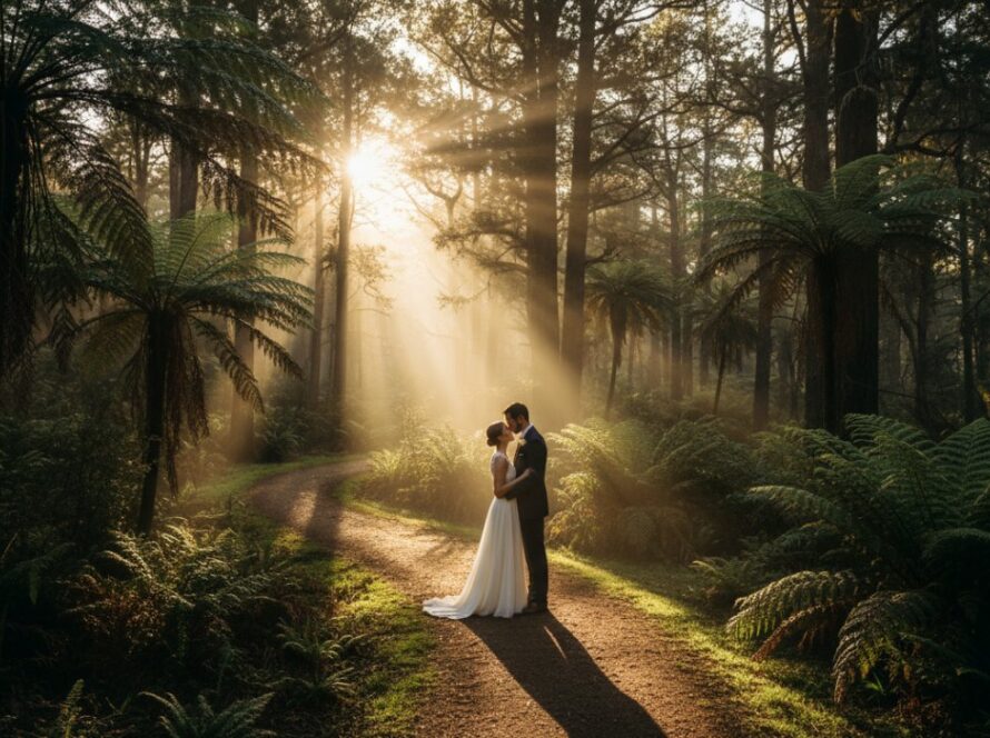An intimate Sherbrooke Dandenongs forest wedding photography shot featuring a newlywed couple embracing under the dappled sunlight filtering through tall trees, their joyous expressions captured in an epic, cinematic moment.