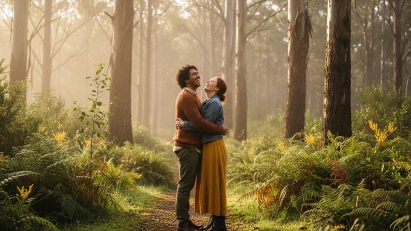 A joyful couple sharing a tender, intimate moment on a sun-dappled forest path in Tecoma, with the lush Dandenong Ranges as a backdrop, perfect for intimate Tecoma engagement photography Dandenong Ranges.