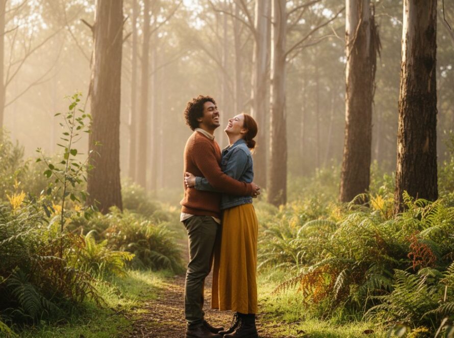 A joyful couple sharing a tender, intimate moment on a sun-dappled forest path in Tecoma, with the lush Dandenong Ranges as a backdrop, perfect for intimate Tecoma engagement photography Dandenong Ranges.