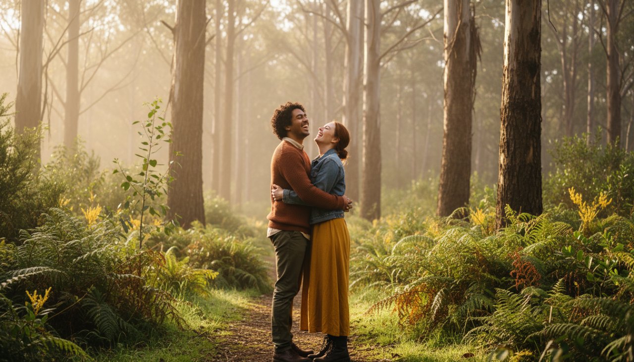 A joyful couple sharing a tender, intimate moment on a sun-dappled forest path in Tecoma, with the lush Dandenong Ranges as a backdrop, perfect for intimate Tecoma engagement photography Dandenong Ranges.