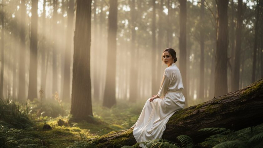 A serene and powerful 'epic moment' photograph capturing a woman's confident and authentic gaze during an intimate Toolangi boudoir photography experience, bathed in soft, ethereal forest light.
