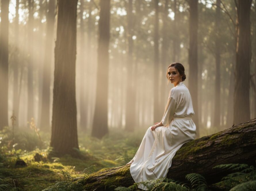 A serene and powerful 'epic moment' photograph capturing a woman's confident and authentic gaze during an intimate Toolangi boudoir photography experience, bathed in soft, ethereal forest light.
