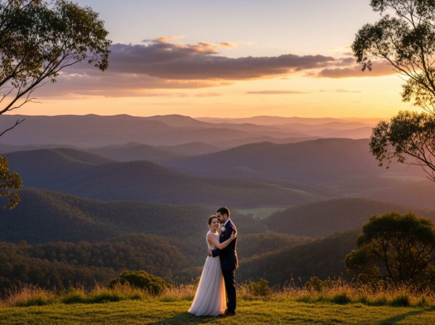 A romantic couple sharing a tender moment at sunset, surrounded by the lush, golden-lit landscape of Upwey in the Dandenong Ranges, perfectly capturing intimate Upwey Dandenong Ranges sunset engagement photography with a cinematic feel.