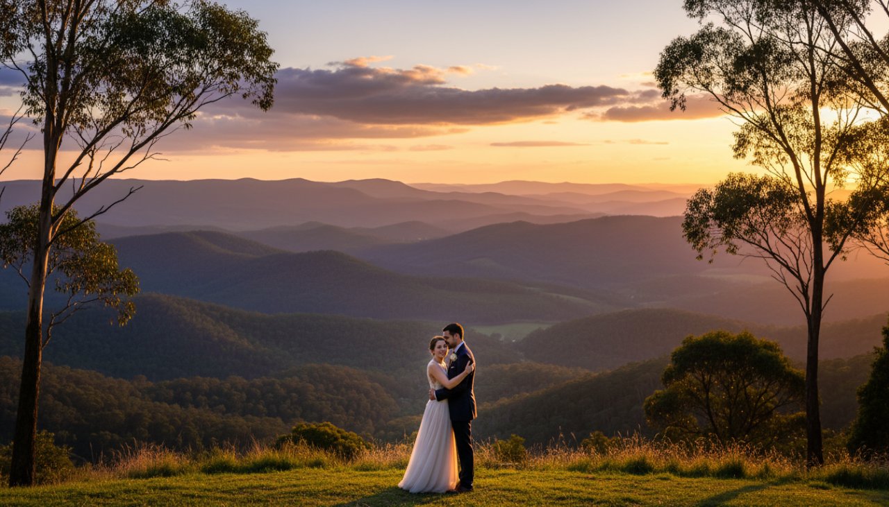 A romantic couple sharing a tender moment at sunset, surrounded by the lush, golden-lit landscape of Upwey in the Dandenong Ranges, perfectly capturing intimate Upwey Dandenong Ranges sunset engagement photography with a cinematic feel.
