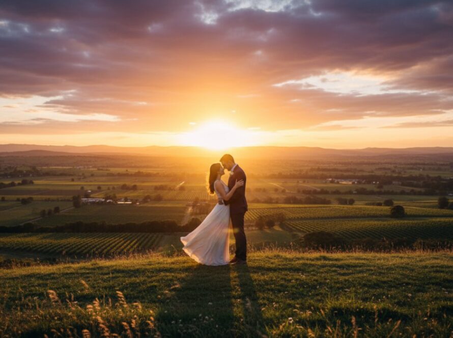 An epic moment captured during intimate Wandin North engagement photos Yarra Ranges, featuring a couple embracing warmly at sunset in a sprawling vineyard, with golden light illuminating their joyful expressions and the rolling hills of the Yarra Ranges in the background.