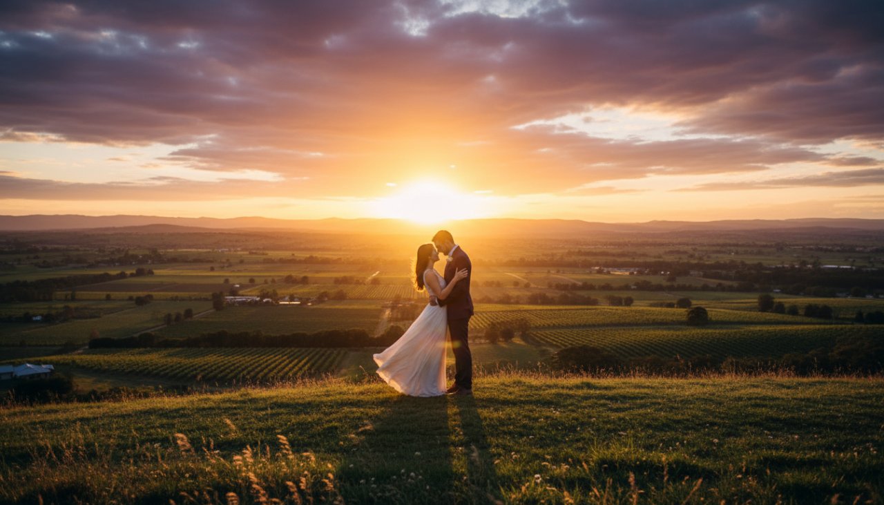 An epic moment captured during intimate Wandin North engagement photos Yarra Ranges, featuring a couple embracing warmly at sunset in a sprawling vineyard, with golden light illuminating their joyful expressions and the rolling hills of the Yarra Ranges in the background.