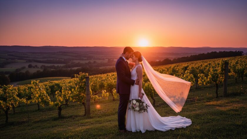 A newlywed couple shares a tender, joyful moment with the stunning Victorian countryside as a backdrop, epitomising intimate wedding photography Launching Victoria.