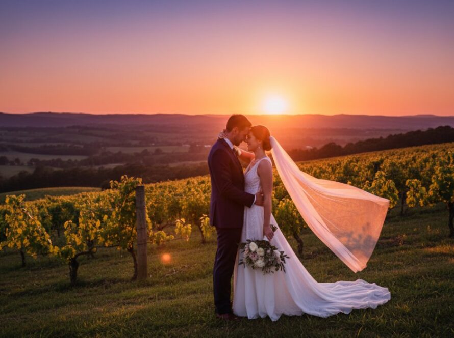 A newlywed couple shares a tender, joyful moment with the stunning Victorian countryside as a backdrop, epitomising intimate wedding photography Launching Victoria.