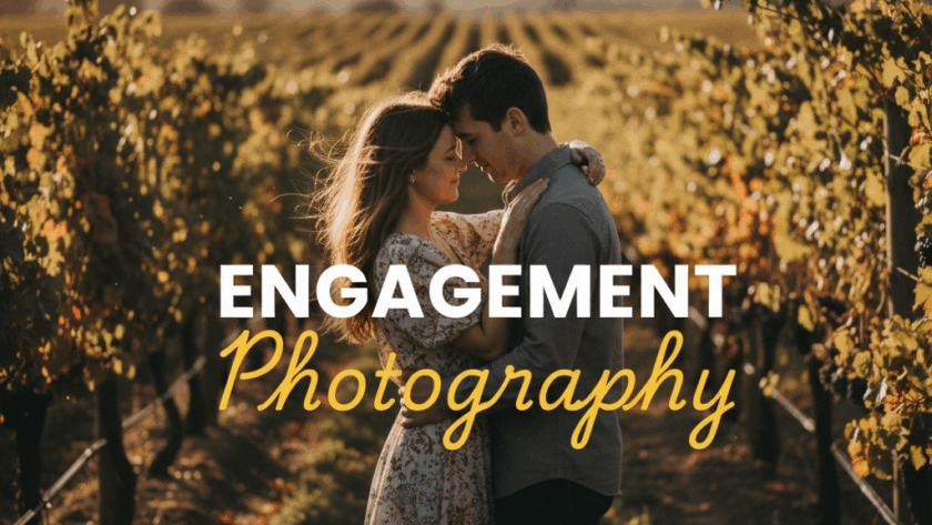 A moody, cinematic street photography style image of a couple sharing a romantic moment amidst the grapevines at sunset in the Yarra Valley, celebrating their intimate Yarra Valley vineyard engagement photography, with 'Engagement' in bold white sans-serif and 'Photography' in elegant yellow cursive overlaid.