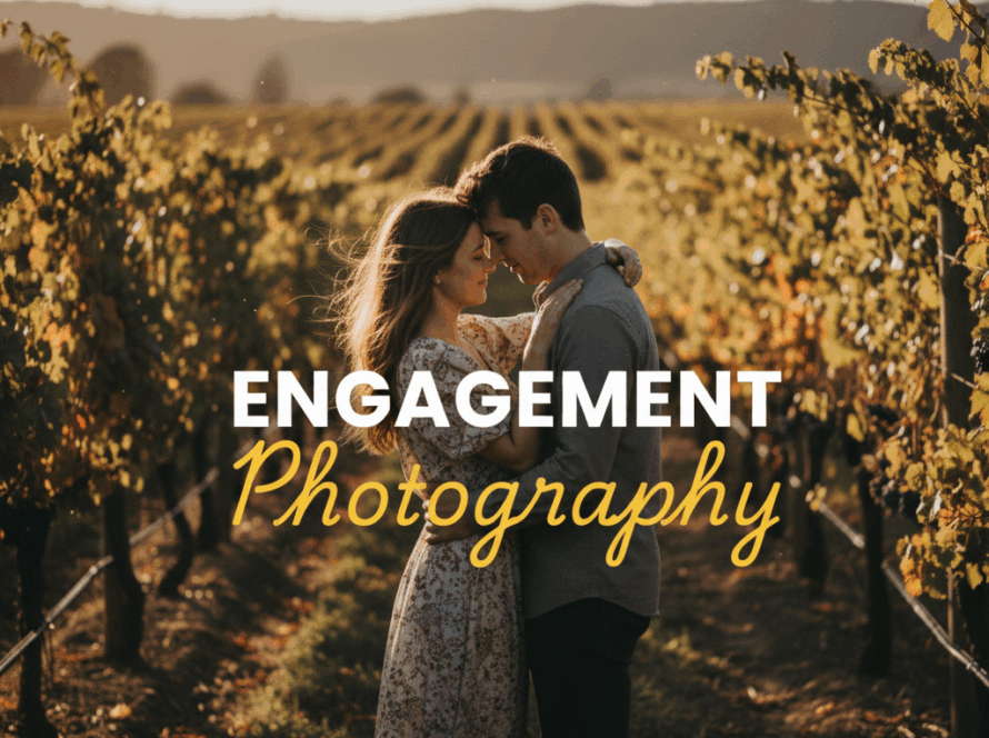 A moody, cinematic street photography style image of a couple sharing a romantic moment amidst the grapevines at sunset in the Yarra Valley, celebrating their intimate Yarra Valley vineyard engagement photography, with 'Engagement' in bold white sans-serif and 'Photography' in elegant yellow cursive overlaid.