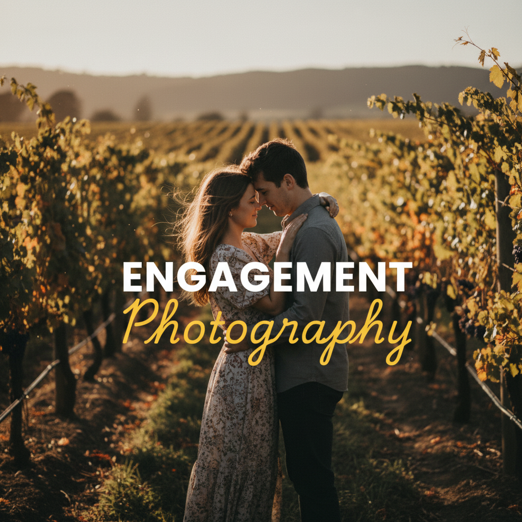 A moody, cinematic street photography style image of a couple sharing a romantic moment amidst the grapevines at sunset in the Yarra Valley, celebrating their intimate Yarra Valley vineyard engagement photography, with 'Engagement' in bold white sans-serif and 'Photography' in elegant yellow cursive overlaid.