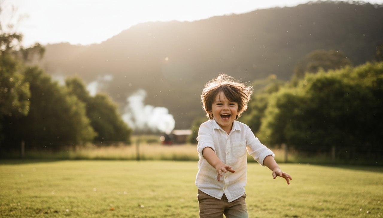A vibrant, candid photograph capturing the joyful Avonsleigh kids photography Victoria experience, showing a child laughing while running through a sun-dappled field near Puffing Billy railway, embodying pure childhood bliss.