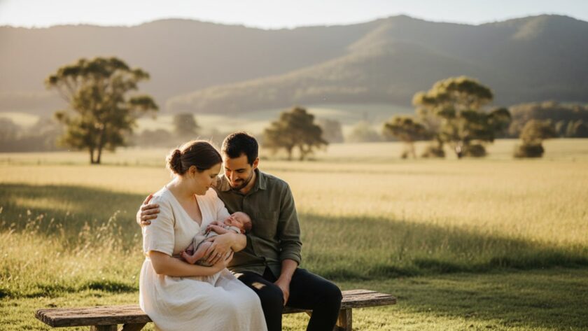 A heartwarming, sun-drenched photograph showcasing a family embracing their newborn baby amidst the lush, rolling hills of The Patch, Victoria, perfectly embodying joyful baby photography in The Patch Yarra Valley families with golden hour light.