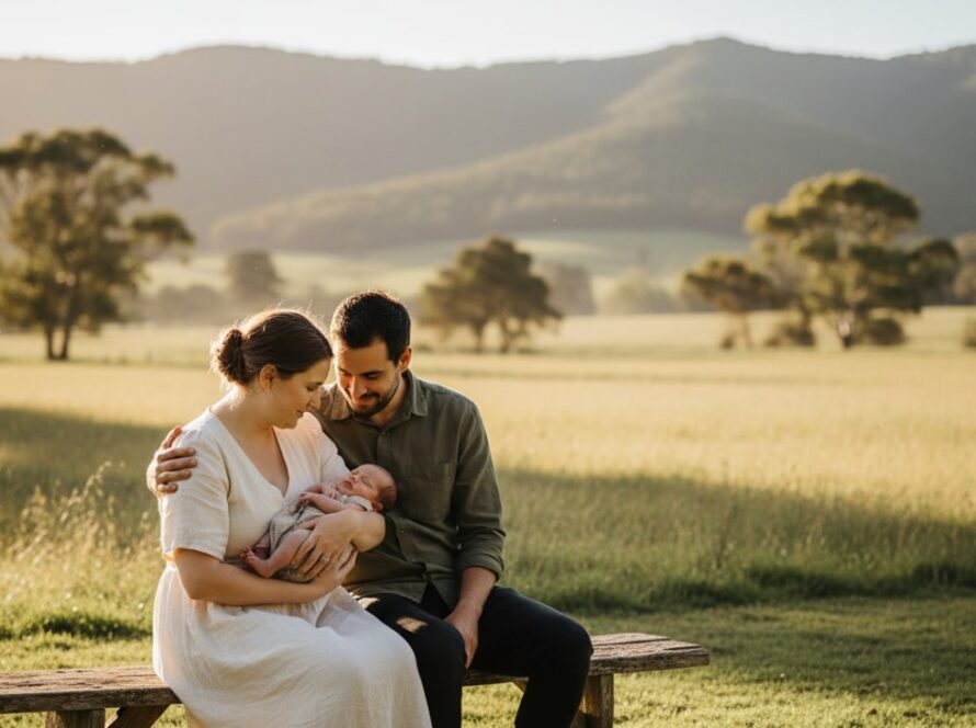 A heartwarming, sun-drenched photograph showcasing a family embracing their newborn baby amidst the lush, rolling hills of The Patch, Victoria, perfectly embodying joyful baby photography in The Patch Yarra Valley families with golden hour light.