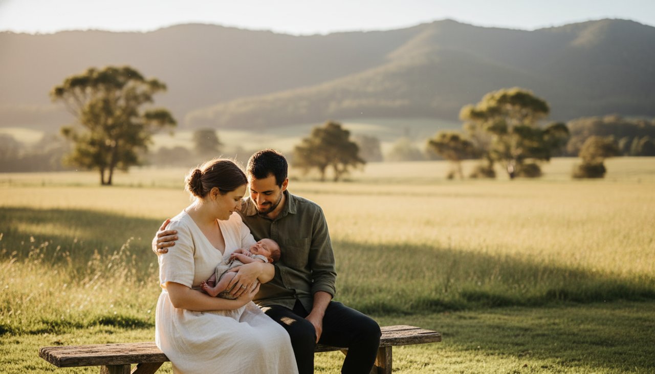 A heartwarming, sun-drenched photograph showcasing a family embracing their newborn baby amidst the lush, rolling hills of The Patch, Victoria, perfectly embodying joyful baby photography in The Patch Yarra Valley families with golden hour light.