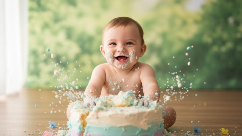 A vibrant, emotionally charged photograph capturing a baby joyfully smashing a birthday cake amidst colourful balloons and frosting, set against a soft, natural light backdrop in Clematis, highlighting the pure happiness of joyful cake smash photography Clematis Dandenong Ranges.