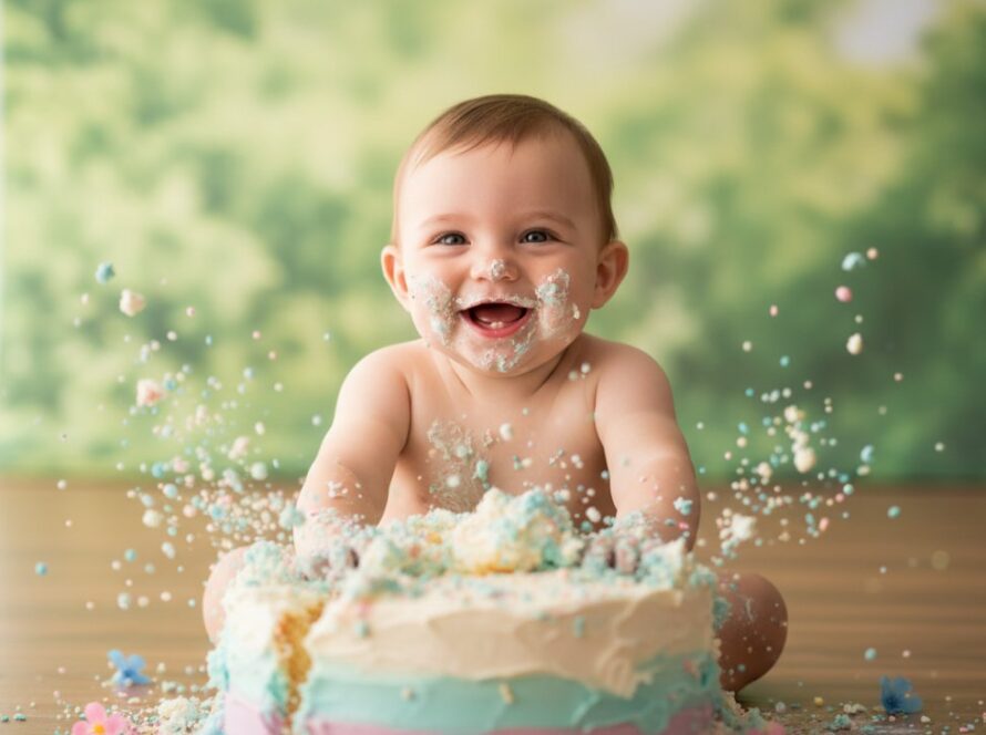 A vibrant, emotionally charged photograph capturing a baby joyfully smashing a birthday cake amidst colourful balloons and frosting, set against a soft, natural light backdrop in Clematis, highlighting the pure happiness of joyful cake smash photography Clematis Dandenong Ranges.