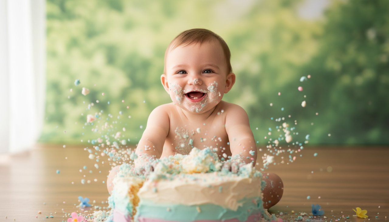 A vibrant, emotionally charged photograph capturing a baby joyfully smashing a birthday cake amidst colourful balloons and frosting, set against a soft, natural light backdrop in Clematis, highlighting the pure happiness of joyful cake smash photography Clematis Dandenong Ranges.