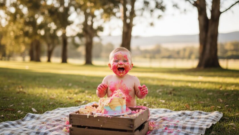 An adorable baby, covered in frosting from a joyful cake smash photography Seville East Victoria session, laughing with pure delight amidst soft pastel balloons, bathed in golden hour light in a rustic outdoor setting near the Wandin Yallock Creek.