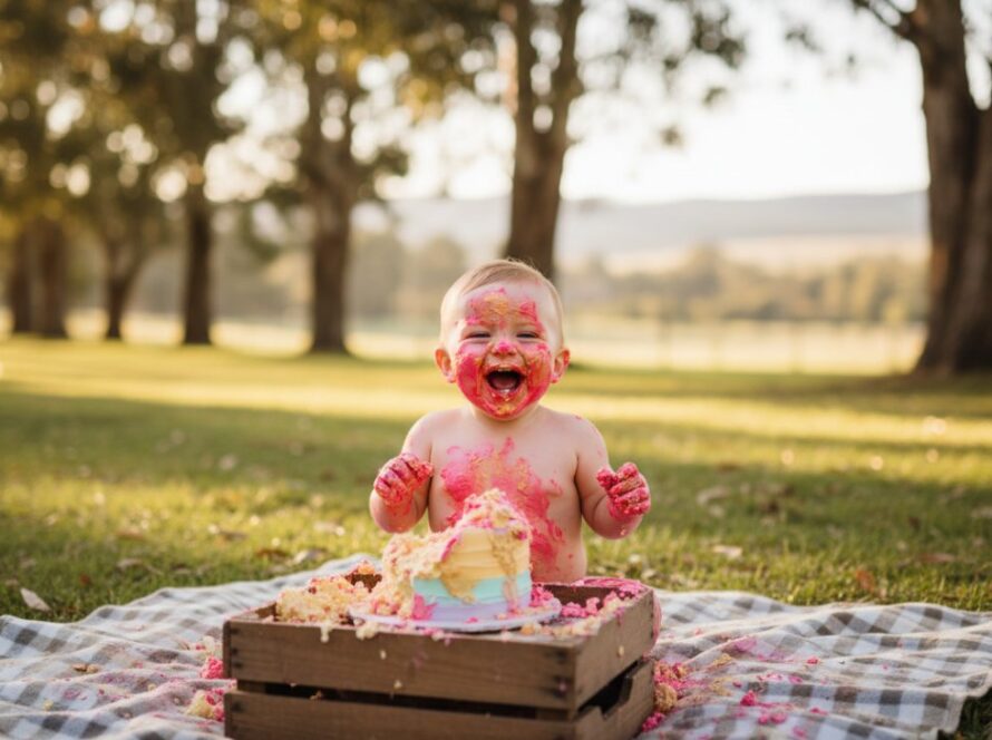 An adorable baby, covered in frosting from a joyful cake smash photography Seville East Victoria session, laughing with pure delight amidst soft pastel balloons, bathed in golden hour light in a rustic outdoor setting near the Wandin Yallock Creek.