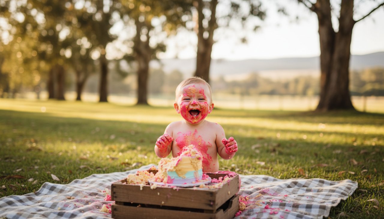 An adorable baby, covered in frosting from a joyful cake smash photography Seville East Victoria session, laughing with pure delight amidst soft pastel balloons, bathed in golden hour light in a rustic outdoor setting near the Wandin Yallock Creek.