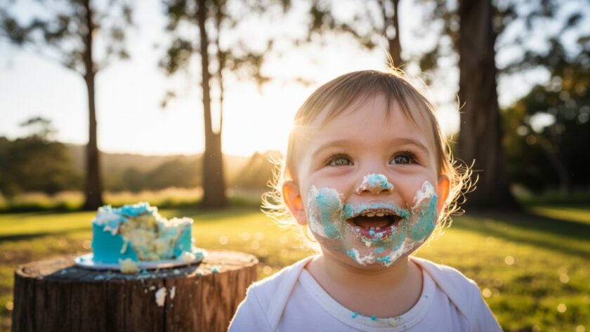 A joyful cake smash photography session in The Patch, Victoria, featuring a beaming one-year-old child covered in cake, celebrating their first birthday outdoors with golden hour light filtering through eucalyptus trees, capturing an epic moment of pure delight.