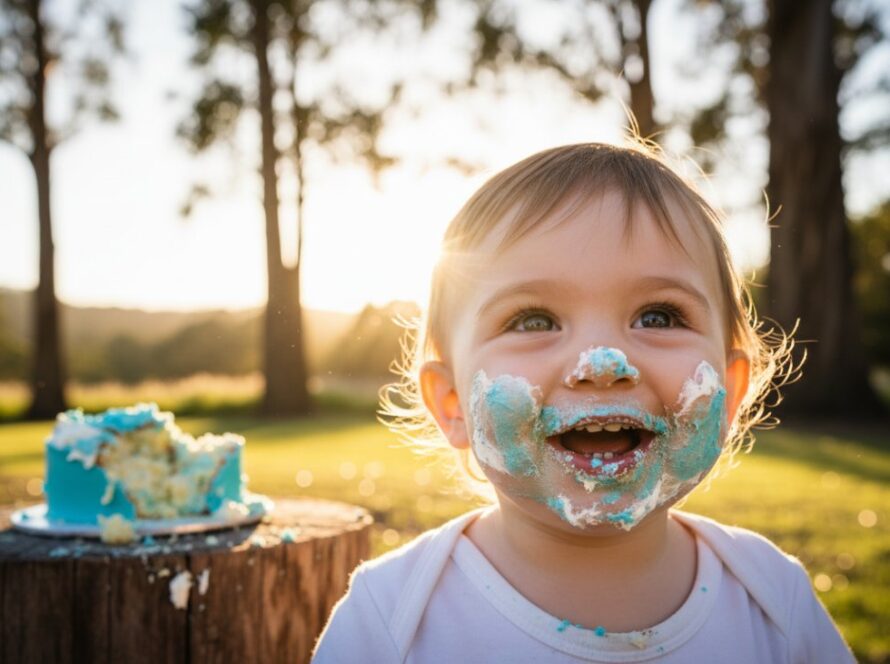 A joyful cake smash photography session in The Patch, Victoria, featuring a beaming one-year-old child covered in cake, celebrating their first birthday outdoors with golden hour light filtering through eucalyptus trees, capturing an epic moment of pure delight.