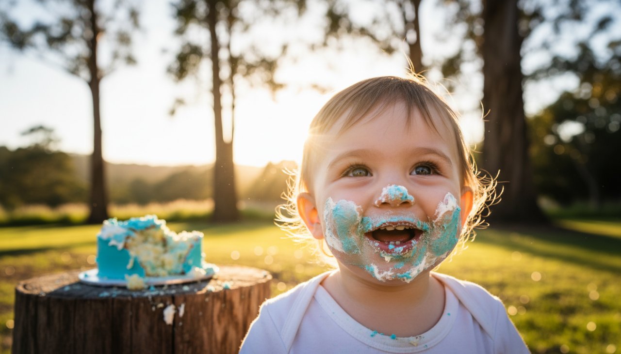 A joyful cake smash photography session in The Patch, Victoria, featuring a beaming one-year-old child covered in cake, celebrating their first birthday outdoors with golden hour light filtering through eucalyptus trees, capturing an epic moment of pure delight.