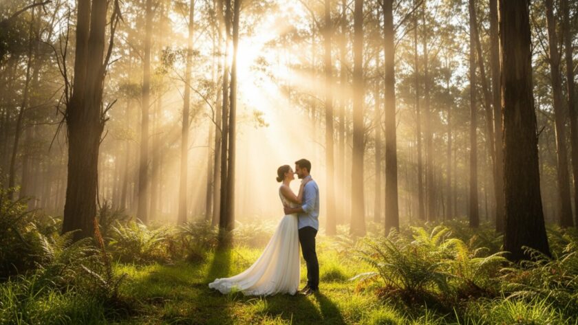 A couple laughing joyfully amidst the lush greenery of The Patch, Victoria, embracing a tender moment that epitomizes joyful engagement photography The Patch Dandenong Ranges. Golden hour sunlight filters through the trees, highlighting their radiant smiles and the stunning natural backdrop.