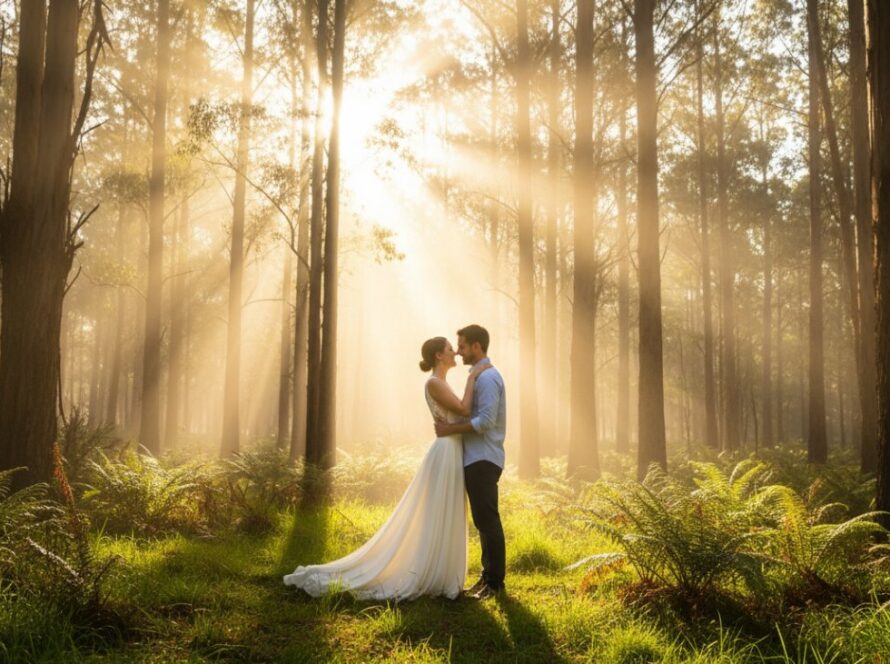 A couple laughing joyfully amidst the lush greenery of The Patch, Victoria, embracing a tender moment that epitomizes joyful engagement photography The Patch Dandenong Ranges. Golden hour sunlight filters through the trees, highlighting their radiant smiles and the stunning natural backdrop.