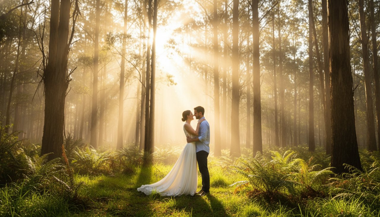 A couple laughing joyfully amidst the lush greenery of The Patch, Victoria, embracing a tender moment that epitomizes joyful engagement photography The Patch Dandenong Ranges. Golden hour sunlight filters through the trees, highlighting their radiant smiles and the stunning natural backdrop.