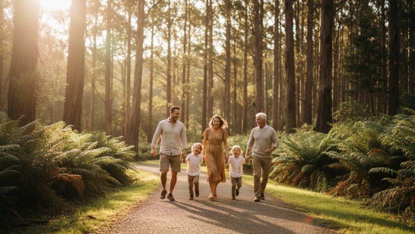A vibrant family laughing and running through sun-dappled fern gullies near Puffing Billy in Belgrave, capturing a joyful family photography Belgrave epic moment.