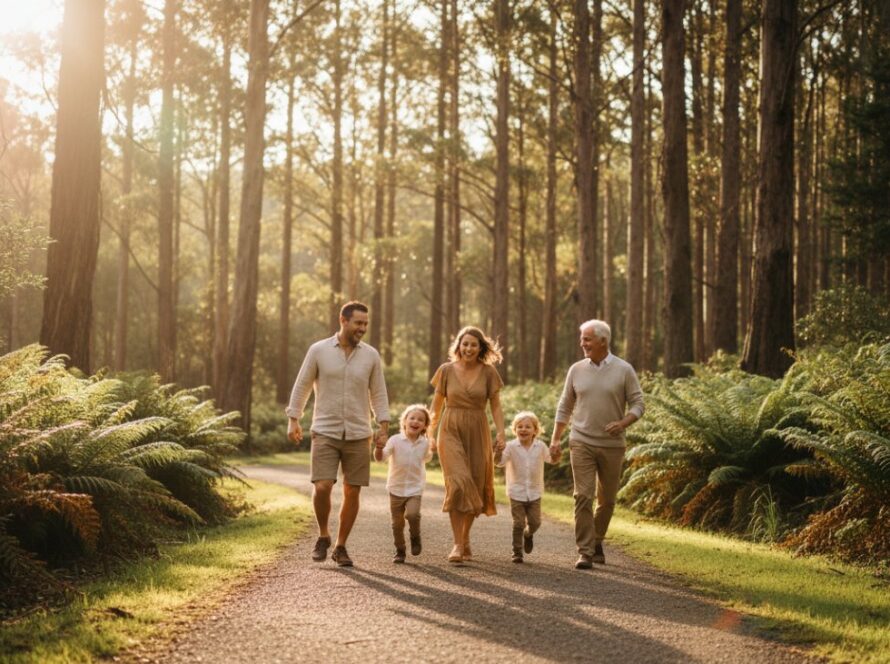 A vibrant family laughing and running through sun-dappled fern gullies near Puffing Billy in Belgrave, capturing a joyful family photography Belgrave epic moment.