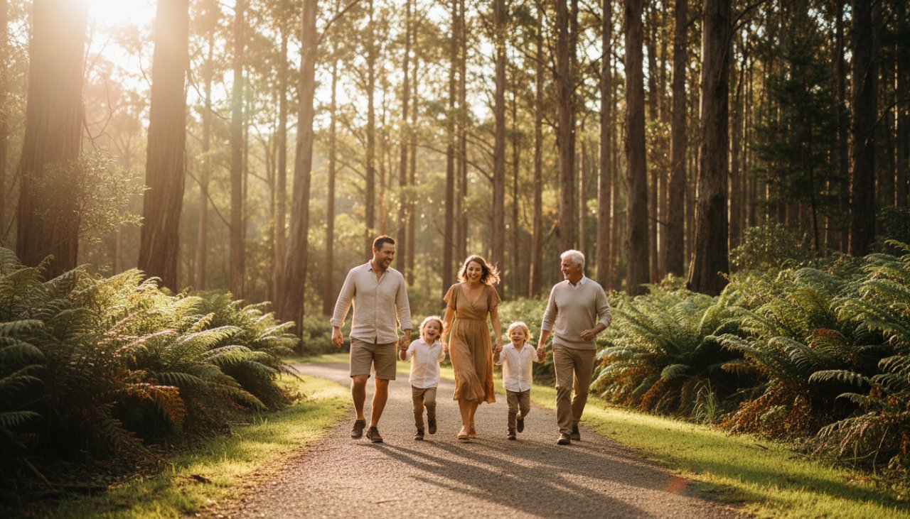 A vibrant family laughing and running through sun-dappled fern gullies near Puffing Billy in Belgrave, capturing a joyful family photography Belgrave epic moment.