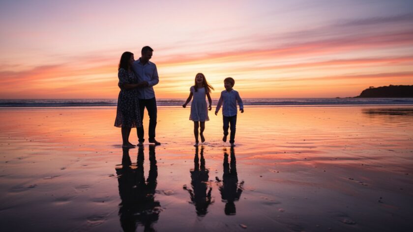 An epic, emotionally resonant photograph capturing a joyful family photoshoot Somers Victoria, silhouetted against a dramatic sunset at Somers Beach, with children laughing and running towards the camera as parents embrace.