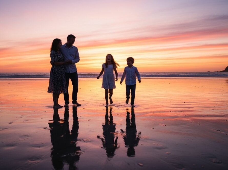 An epic, emotionally resonant photograph capturing a joyful family photoshoot Somers Victoria, silhouetted against a dramatic sunset at Somers Beach, with children laughing and running towards the camera as parents embrace.