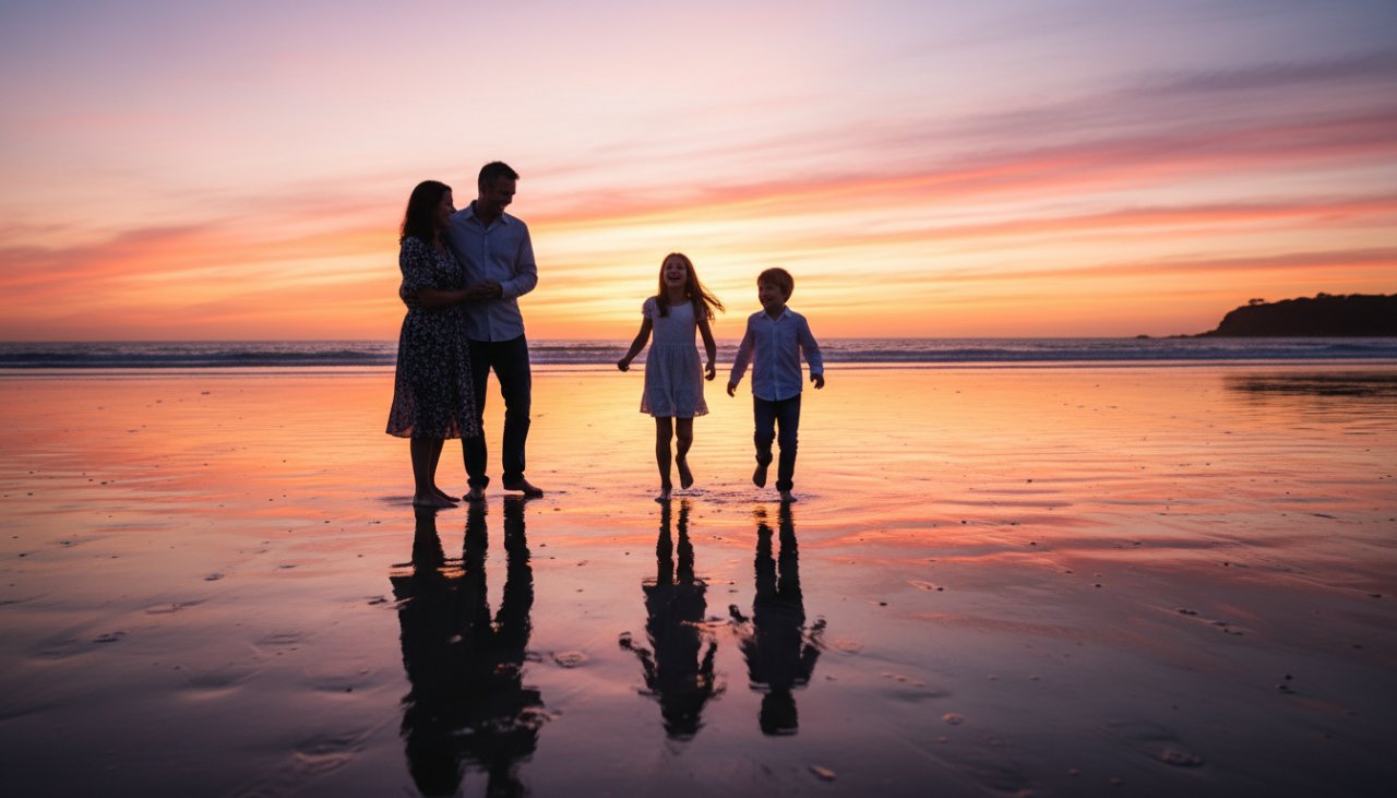 An epic, emotionally resonant photograph capturing a joyful family photoshoot Somers Victoria, silhouetted against a dramatic sunset at Somers Beach, with children laughing and running towards the camera as parents embrace.