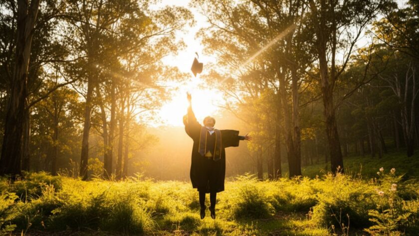 An ecstatic graduate in academic regalia throws their cap into the air against a backdrop of lush Dandenong Ranges foliage and soft golden light, symbolising joyful Ferny Creek graduation photos Dandenong Ranges and the culmination of years of hard work.