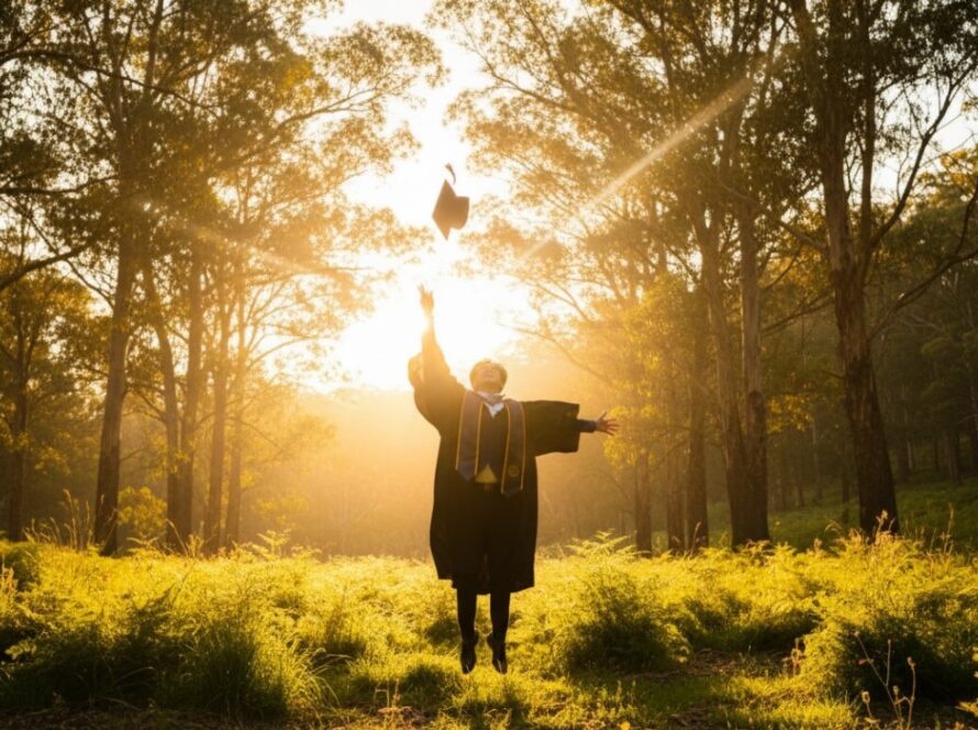 An ecstatic graduate in academic regalia throws their cap into the air against a backdrop of lush Dandenong Ranges foliage and soft golden light, symbolising joyful Ferny Creek graduation photos Dandenong Ranges and the culmination of years of hard work.