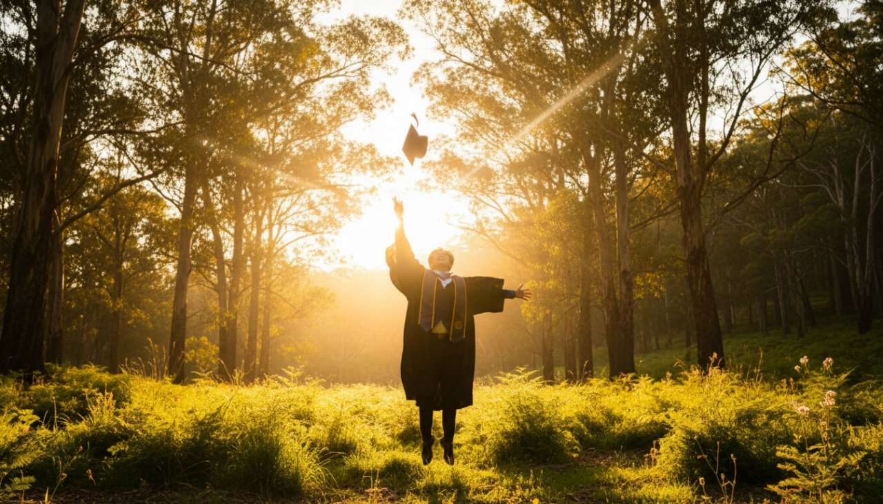 An ecstatic graduate in academic regalia throws their cap into the air against a backdrop of lush Dandenong Ranges foliage and soft golden light, symbolising joyful Ferny Creek graduation photos Dandenong Ranges and the culmination of years of hard work.