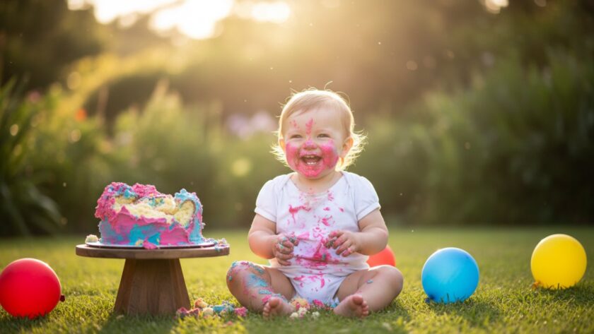 An adorable toddler covered in cake, laughing joyfully during their joyful first birthday cake smash photography session in a sunlit outdoor setting in Belgrave South, capturing an epic messy milestone moment with lush greenery.