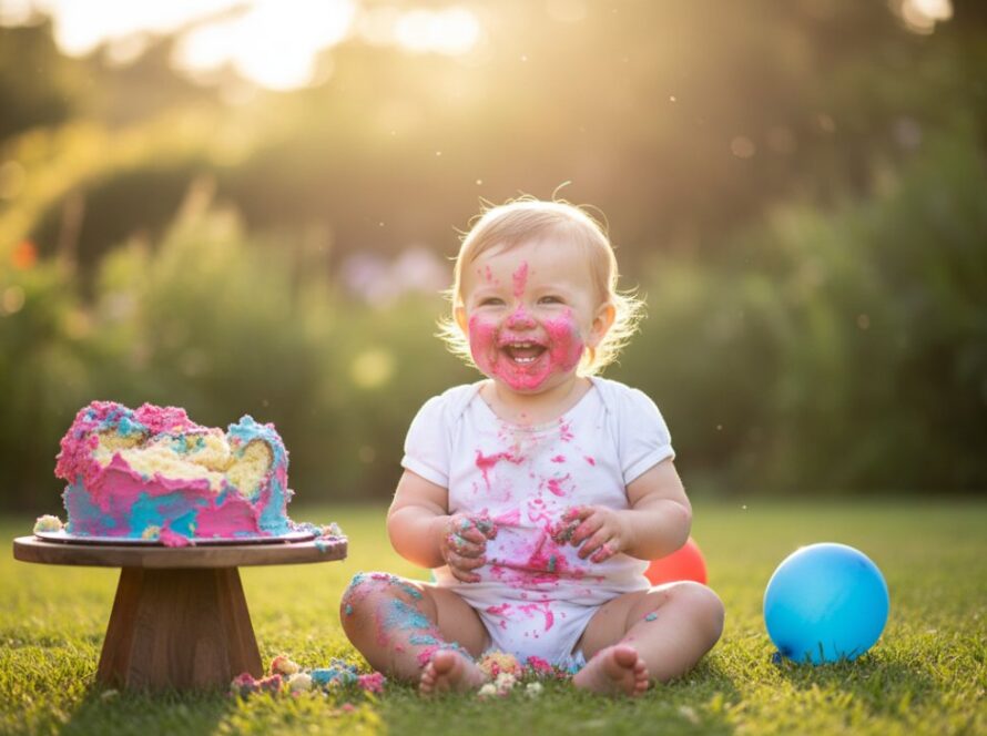An adorable toddler covered in cake, laughing joyfully during their joyful first birthday cake smash photography session in a sunlit outdoor setting in Belgrave South, capturing an epic messy milestone moment with lush greenery.