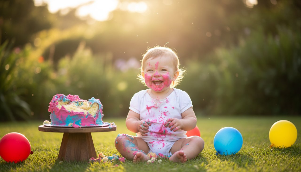 An adorable toddler covered in cake, laughing joyfully during their joyful first birthday cake smash photography session in a sunlit outdoor setting in Belgrave South, capturing an epic messy milestone moment with lush greenery.