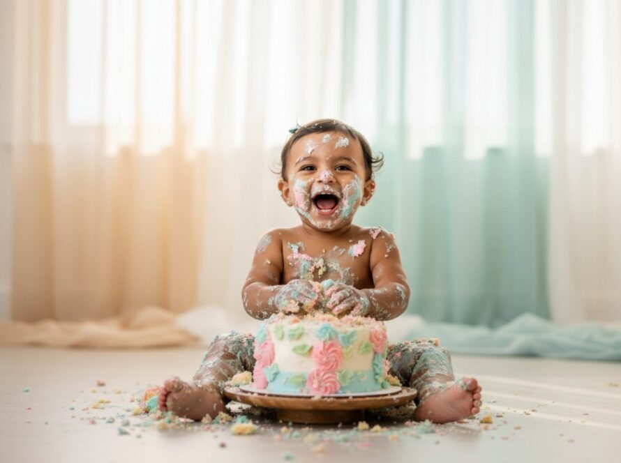 An adorable one-year-old child covered in cake, laughing joyfully amidst a soft pastel backdrop in Rye, Victoria, showcasing joyful first birthday cake smash photography Rye Victoria. The epic moment of pure delight, with icing smeared on cheeks and tiny hands, is captured with beautiful soft light and a shallow depth of field, emphasizing the child's expression.