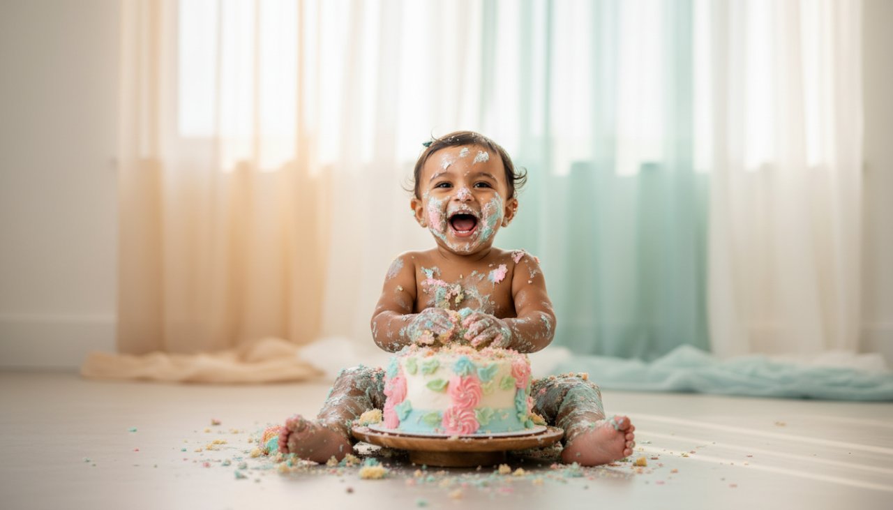 An adorable one-year-old child covered in cake, laughing joyfully amidst a soft pastel backdrop in Rye, Victoria, showcasing joyful first birthday cake smash photography Rye Victoria. The epic moment of pure delight, with icing smeared on cheeks and tiny hands, is captured with beautiful soft light and a shallow depth of field, emphasizing the child's expression.