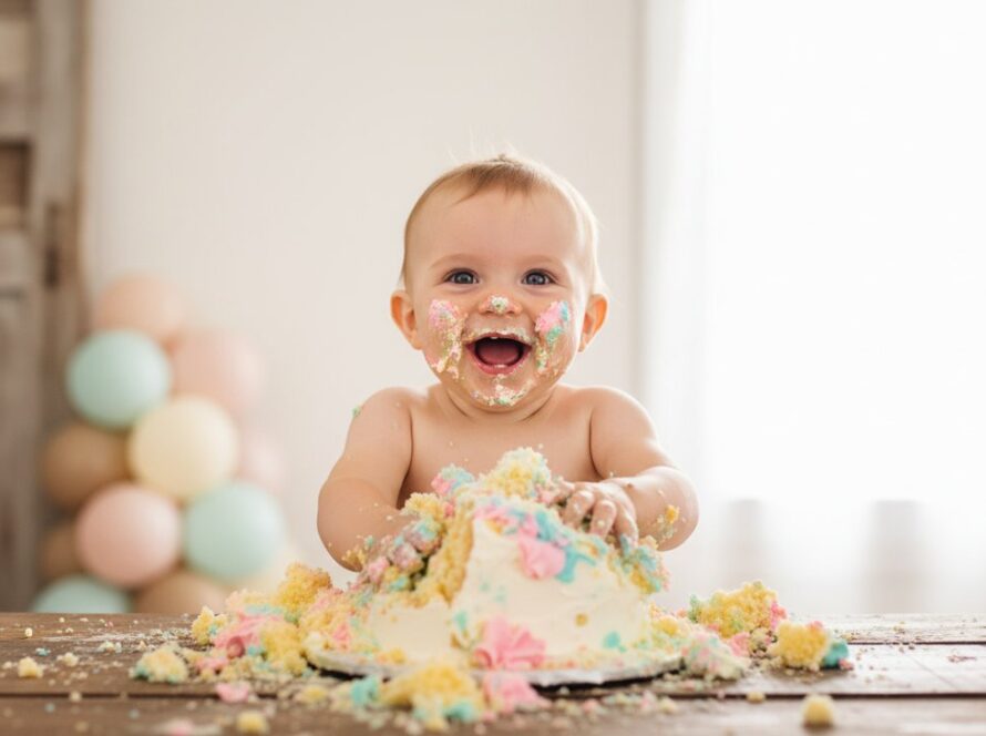 A heartwarming, cinematic photograph capturing a baby's joyful first birthday cake smash photography in Tyabb, Victoria, covered in cake, laughing exuberantly amidst colourful balloons and soft studio lighting, showcasing pure, unadulterated delight.