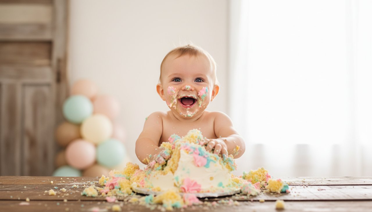 A heartwarming, cinematic photograph capturing a baby's joyful first birthday cake smash photography in Tyabb, Victoria, covered in cake, laughing exuberantly amidst colourful balloons and soft studio lighting, showcasing pure, unadulterated delight.