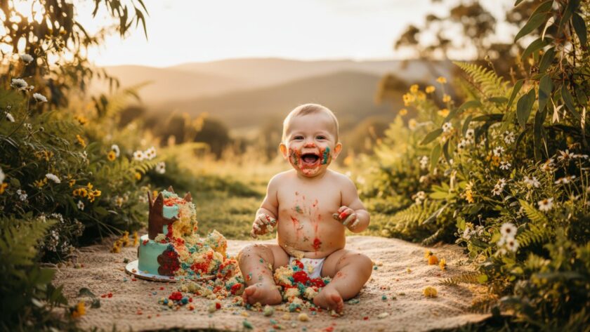 An ecstatic baby, covered in frosting from a joyful first birthday cake smash photos Tremont session, laughing brightly amidst a rustic Tremont setting with dappled sunlight, capturing an epic moment of pure joy and celebration.