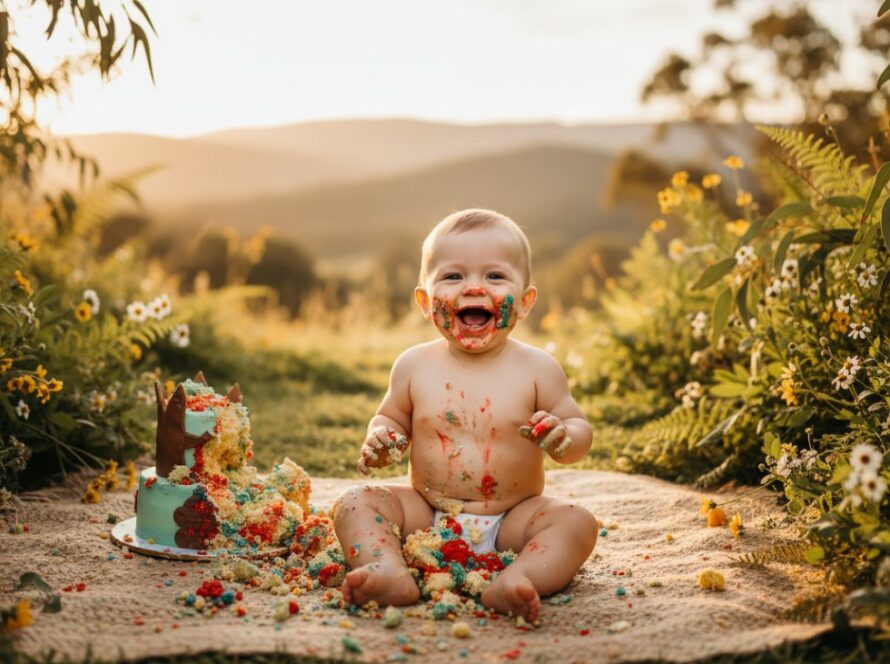 An ecstatic baby, covered in frosting from a joyful first birthday cake smash photos Tremont session, laughing brightly amidst a rustic Tremont setting with dappled sunlight, capturing an epic moment of pure joy and celebration.