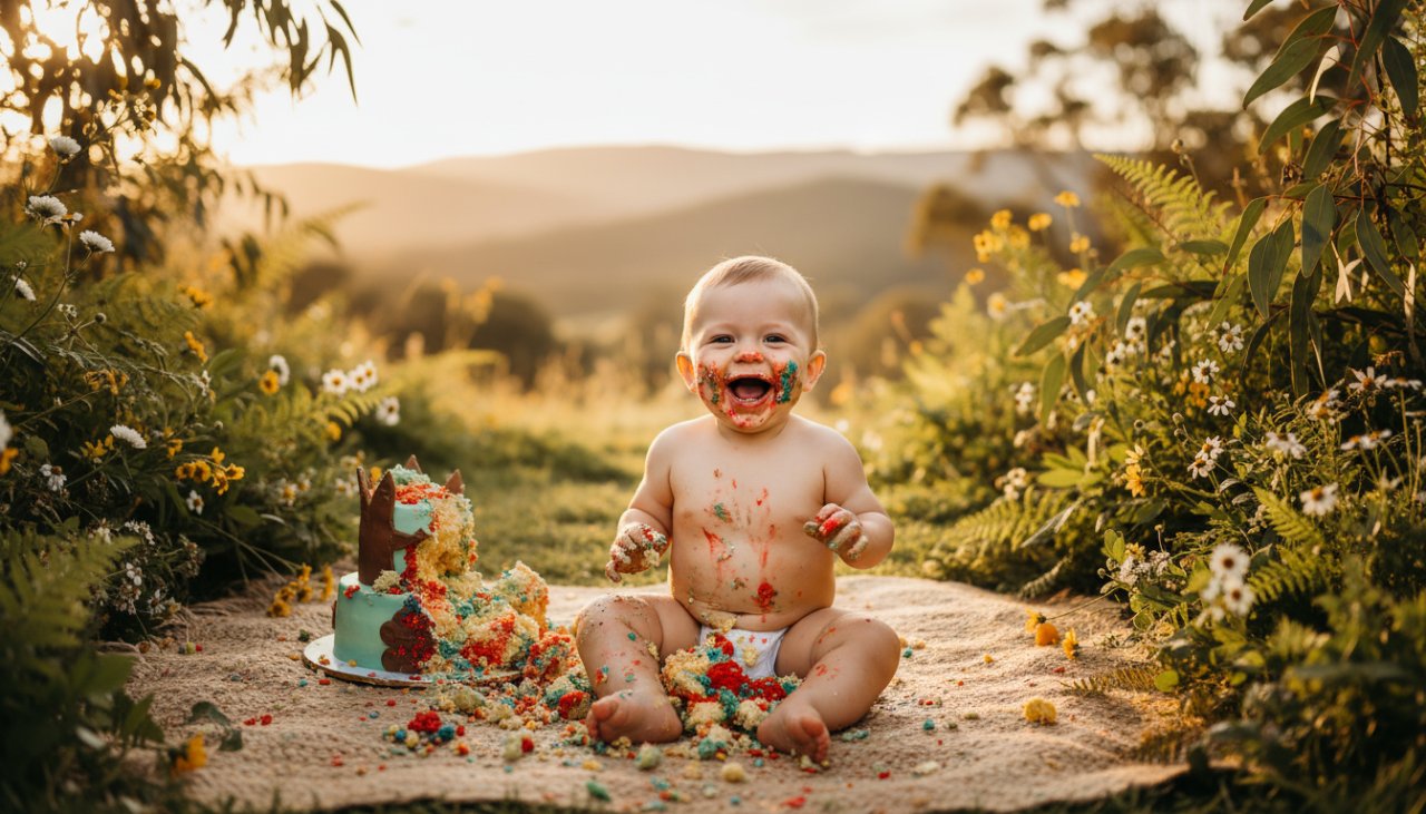 An ecstatic baby, covered in frosting from a joyful first birthday cake smash photos Tremont session, laughing brightly amidst a rustic Tremont setting with dappled sunlight, capturing an epic moment of pure joy and celebration.